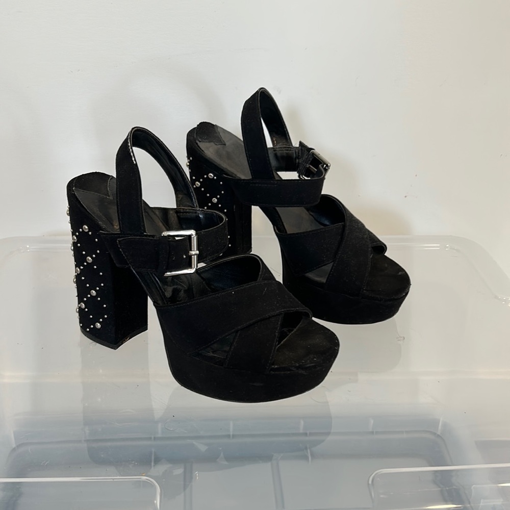 LEITH black suede studded open toed heels 7.5